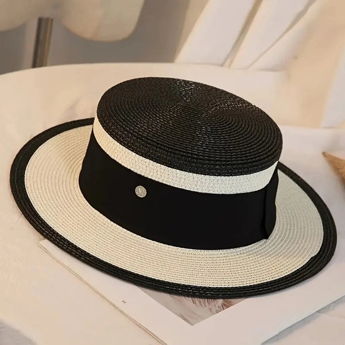 Women's Two-Tone Boater Straw Hat — Contrast Band
