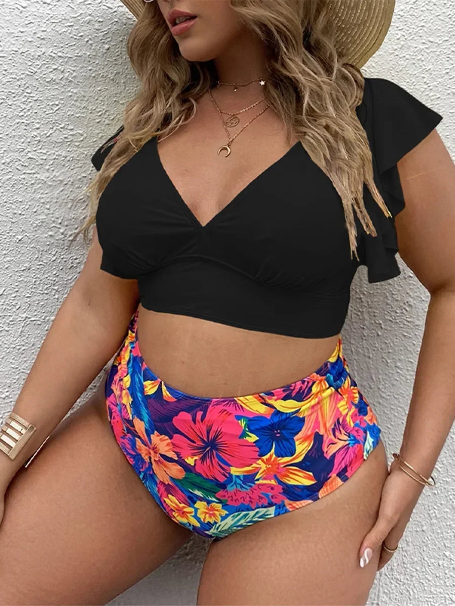Charming Floral Plus Size Bikini Set with Ruched Sleeves