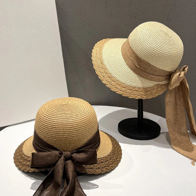 Foldable Straw-Effect Sun Hat with Back Bow