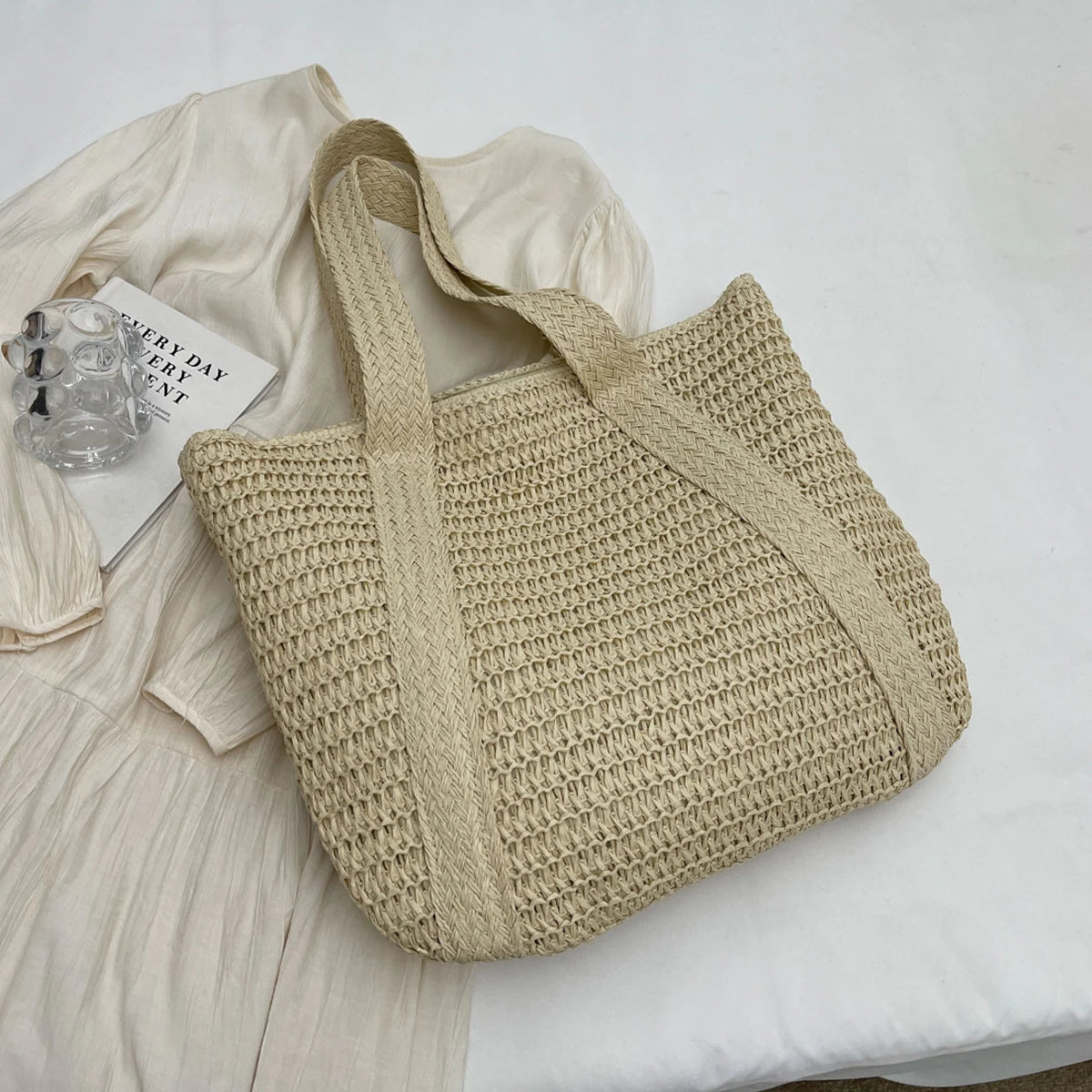 Lined Straw Tote with Zipper & Tassel