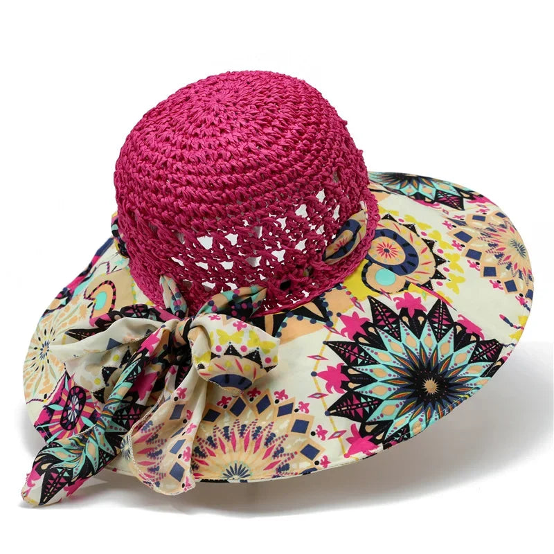 Women's Crochet Straw Sun Hat — Paisley Fabric Brim & Bow