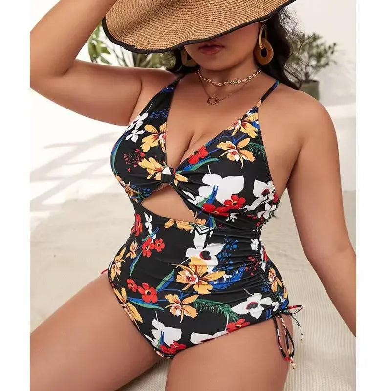Printed Plus Size One-Piece – Adjustable V-Back