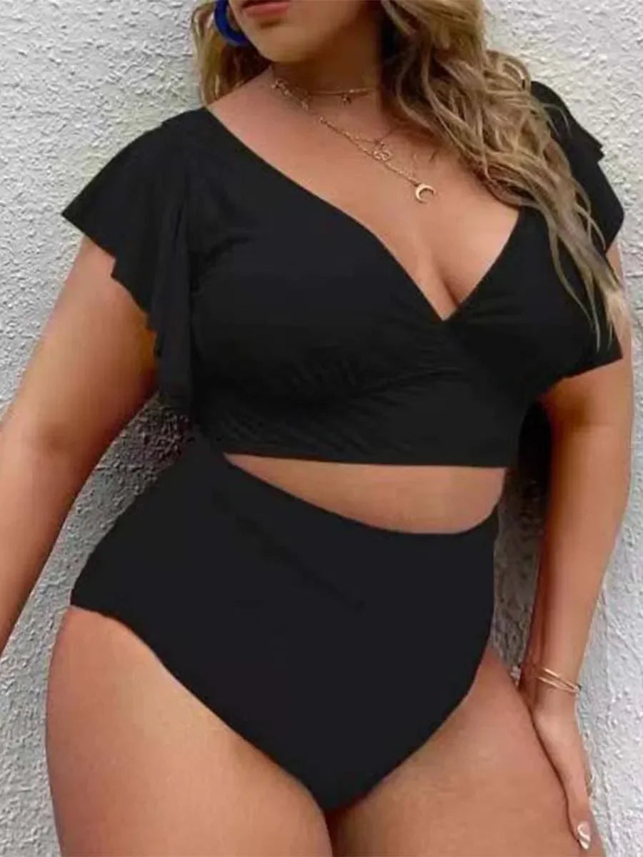 Charming Floral Plus Size Bikini Set with Ruched Sleeves