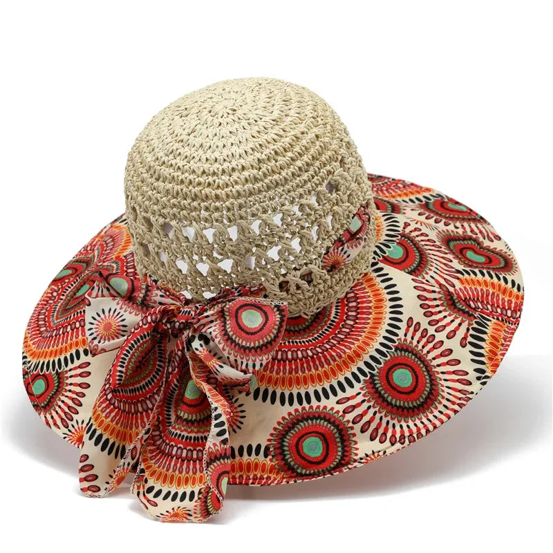 Women's Crochet Straw Sun Hat — Paisley Fabric Brim & Bow