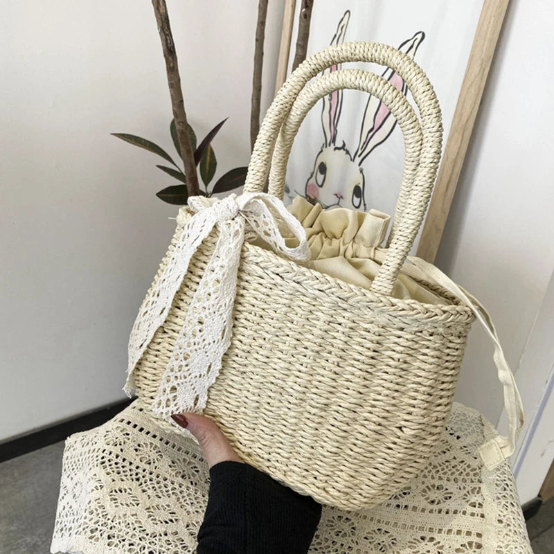 Mini Woven Straw Bucket with Drawstring