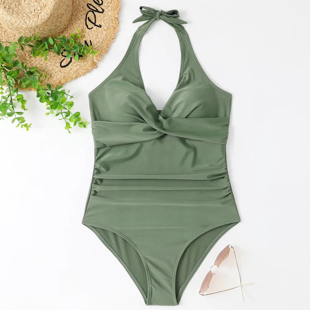 Loly Solid Color Halter One-Piece Swimsuit