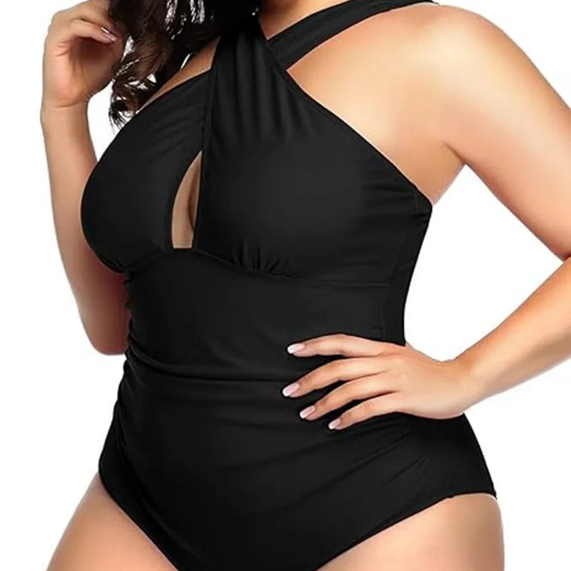 Plus Size Cross-Front One-Piece Swimsuit – Chic Black Elegance