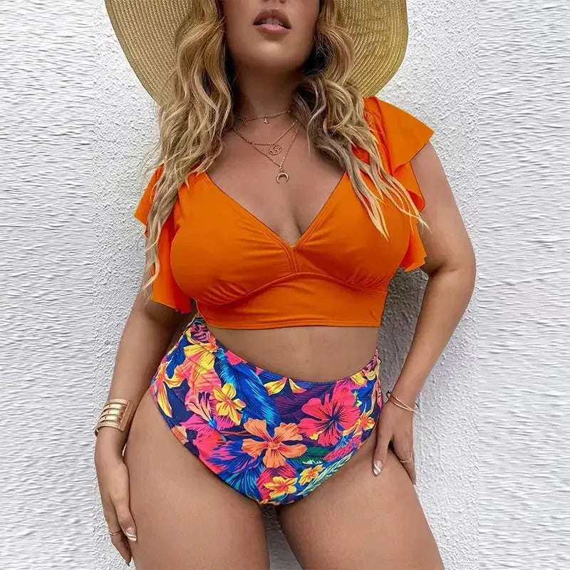 Charming Floral Plus Size Bikini Set with Ruched Sleeves
