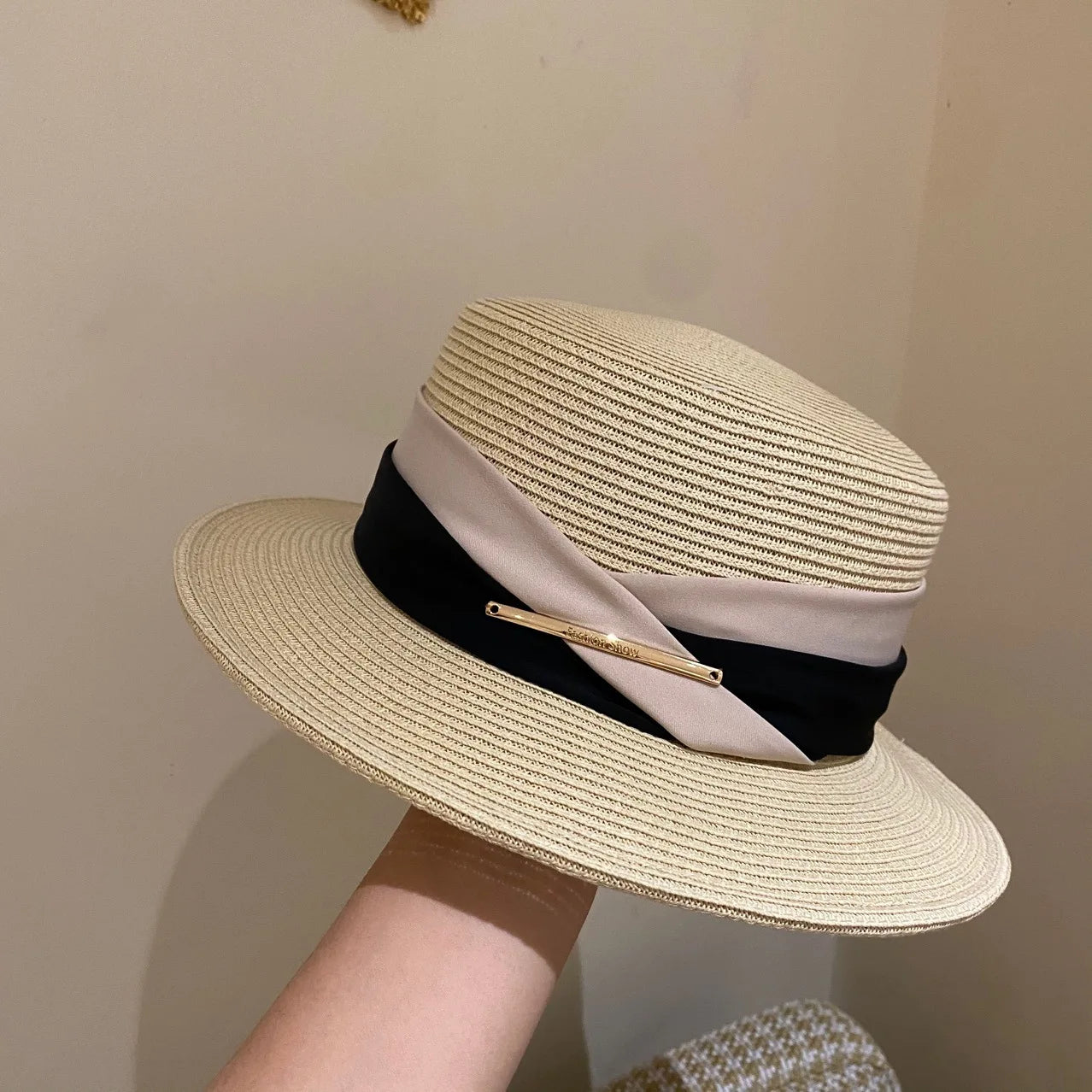 Women's Boater Straw Hat — Layered Ribbon Band & Gold Bar