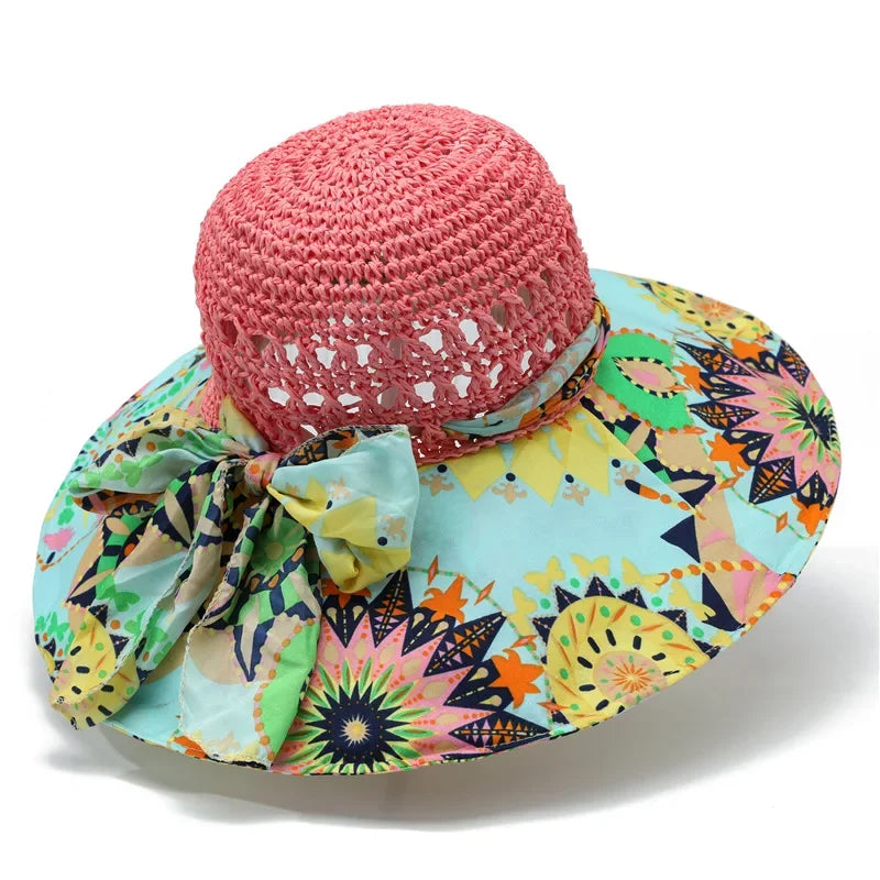 Women's Crochet Straw Sun Hat — Paisley Fabric Brim & Bow