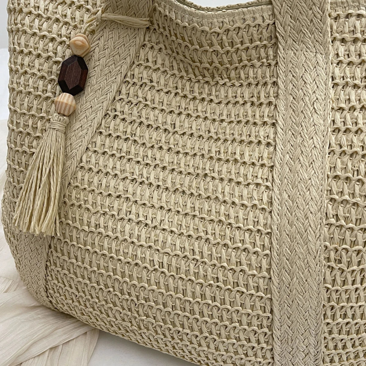 Lined Straw Tote with Zipper & Tassel