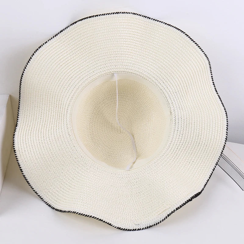Women's Wide-Brim Sun Hat — Wavy Edge & Sheer Bow