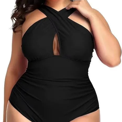 Plus Size Cross-Front One-Piece Swimsuit – Chic Black Elegance