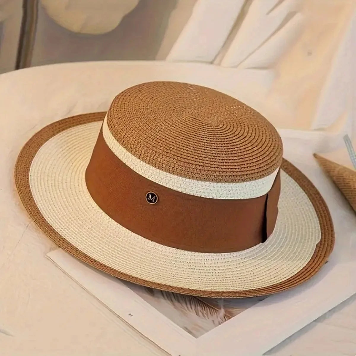 Women's Two-Tone Boater Straw Hat — Contrast Band