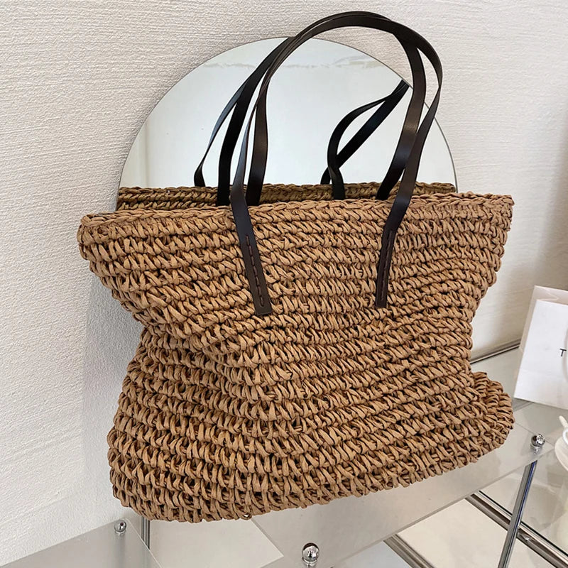 Woven Straw Boho Tote with Zip
