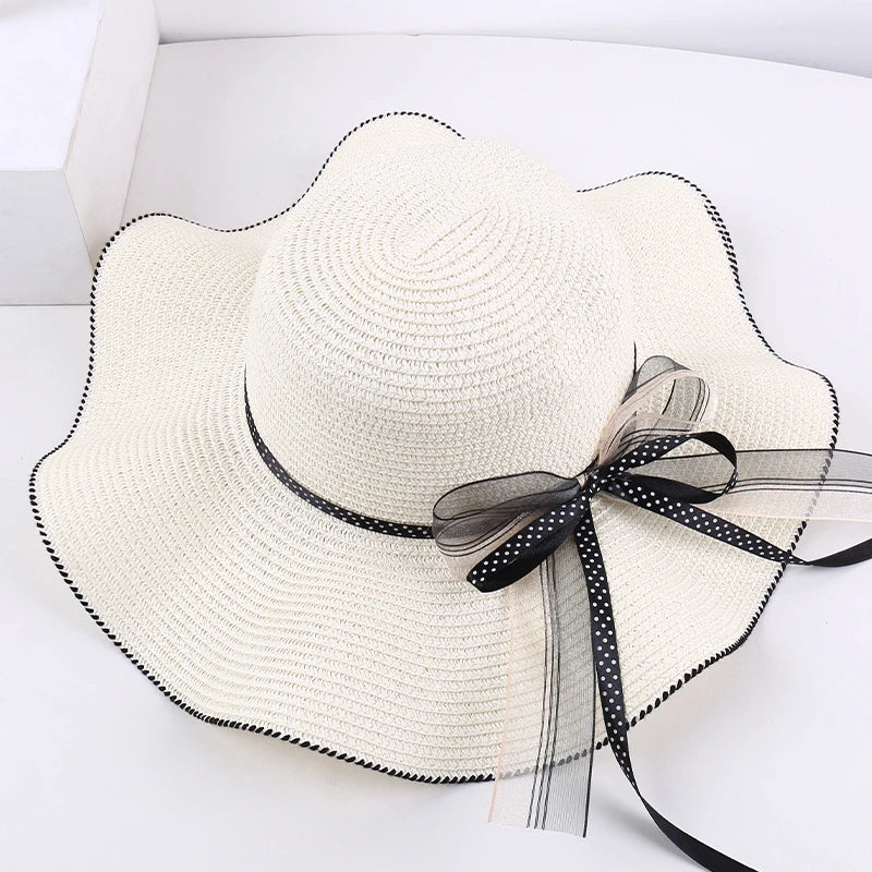 Women's Wide-Brim Sun Hat — Wavy Edge & Sheer Bow