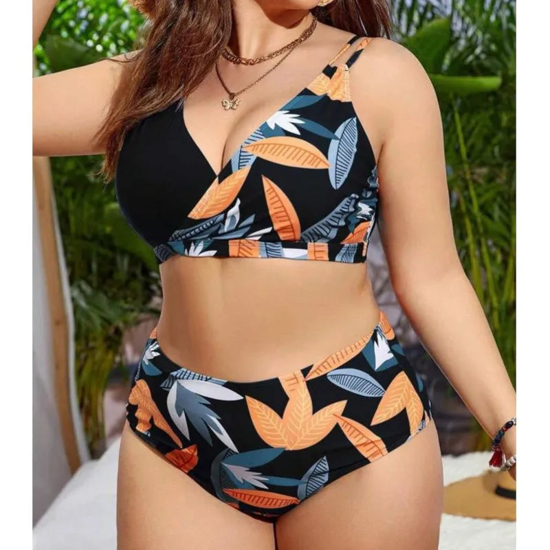 Women's Plus Size V-Neck Colorblock Floral Bikini Set