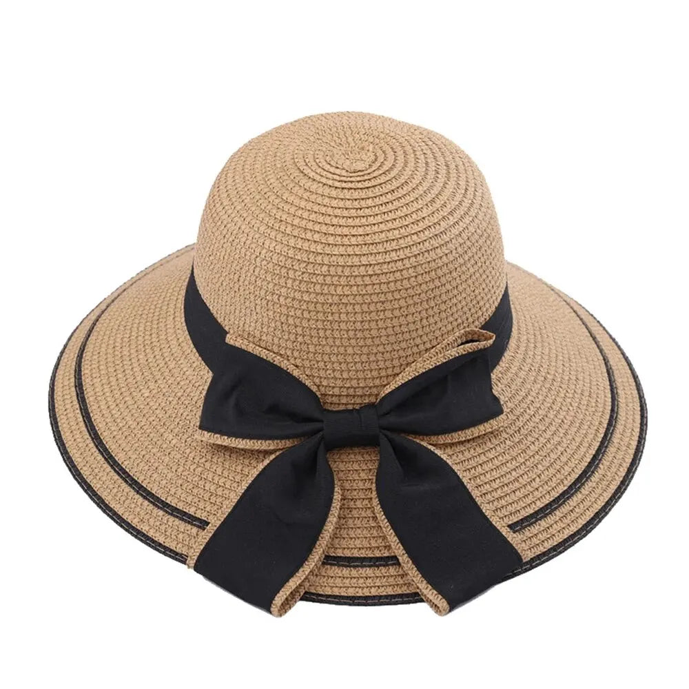 Women's Wide-Brim Straw Sun Hat — Back Bow Ribbon