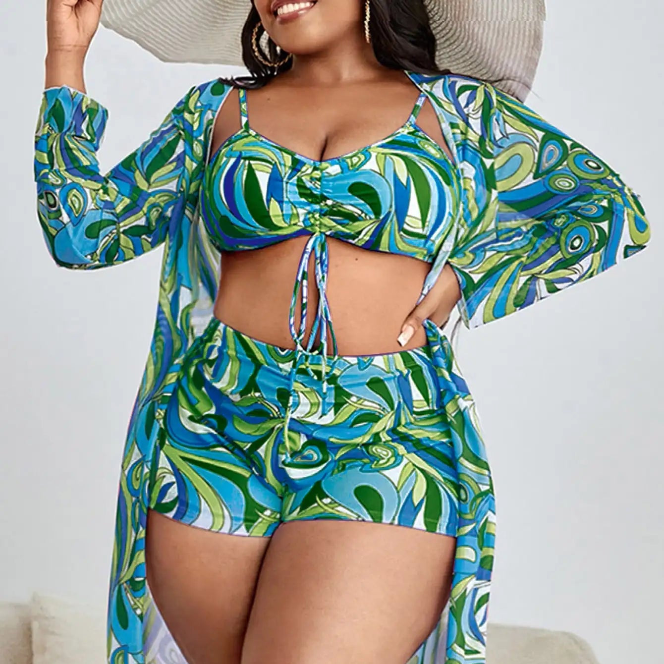 TropiChic 3-Pcs Plus Size Bikini Set with Kimono