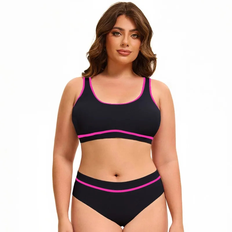 Solid Color Plus Size Bikini – Scoop Neck & Contrast Stripe Trim