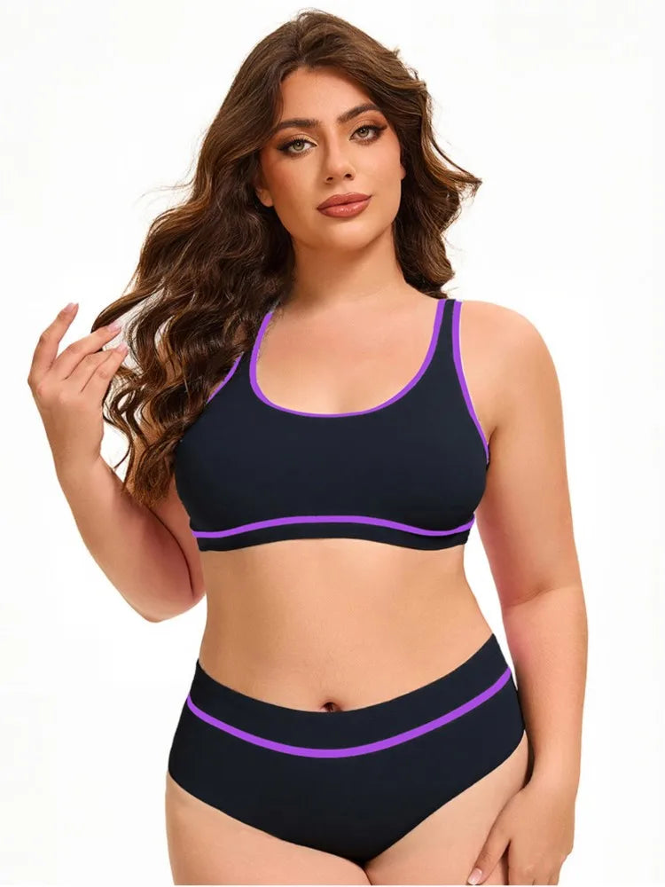 Solid Color Plus Size Bikini – Scoop Neck & Contrast Stripe Trim