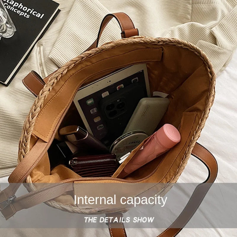 Woven Straw Basket Tote with Zipper