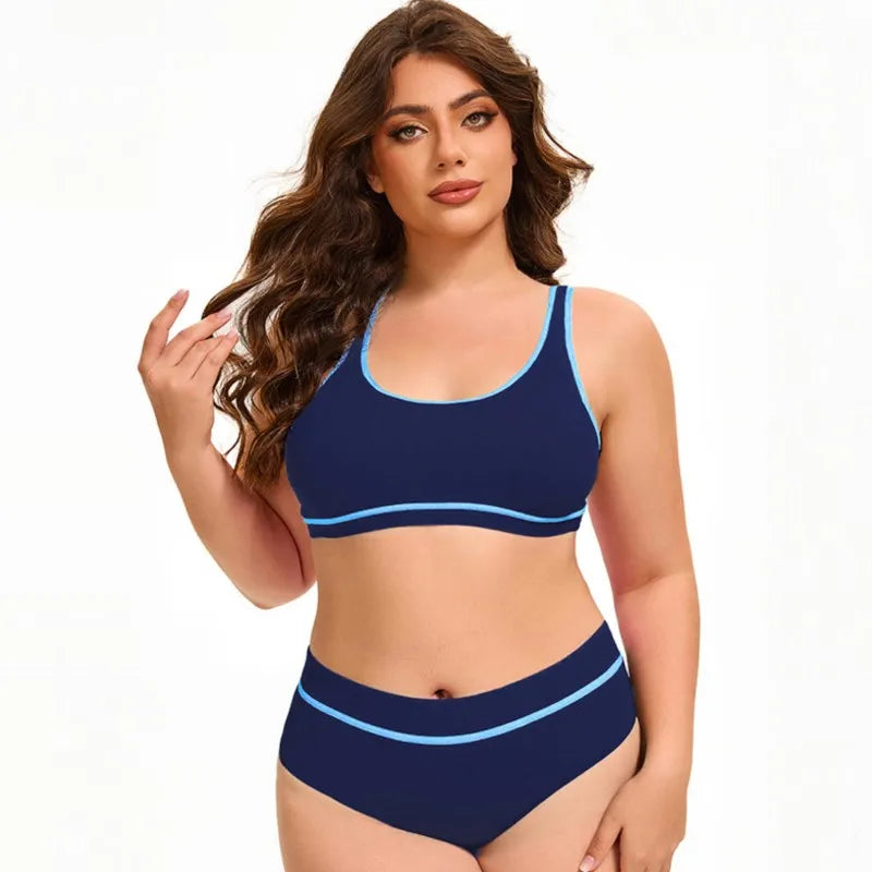Solid Color Plus Size Bikini – Scoop Neck & Contrast Stripe Trim