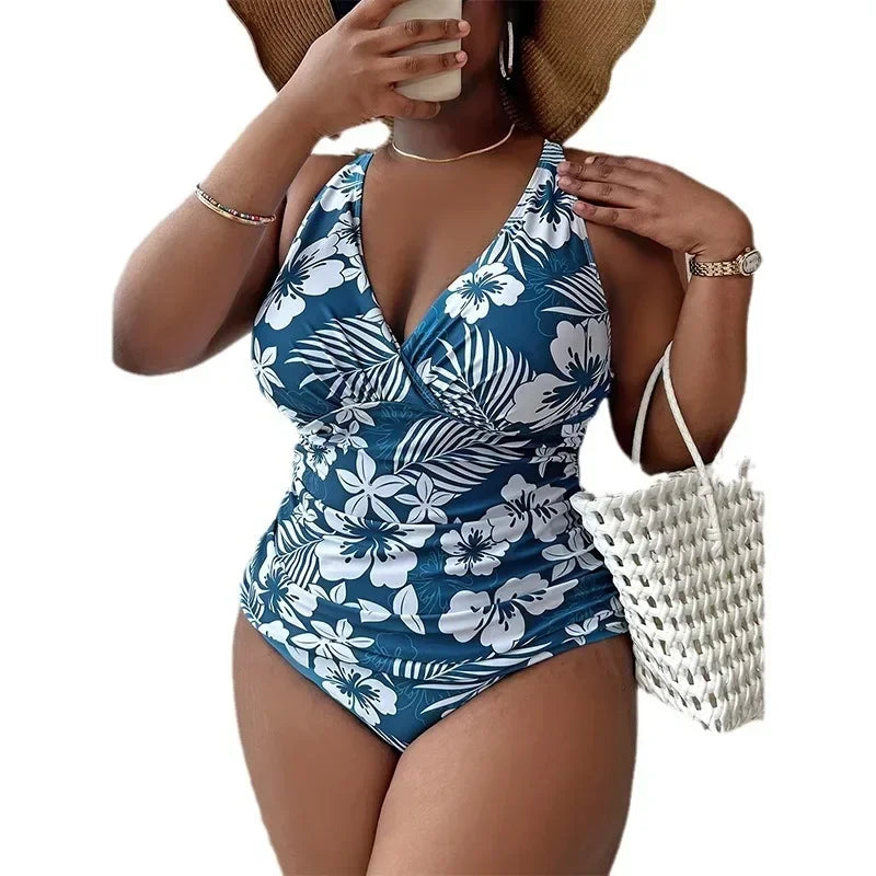 Blue Floral Plus Size Tankini Set – Longline Top & High-Waist Bottom