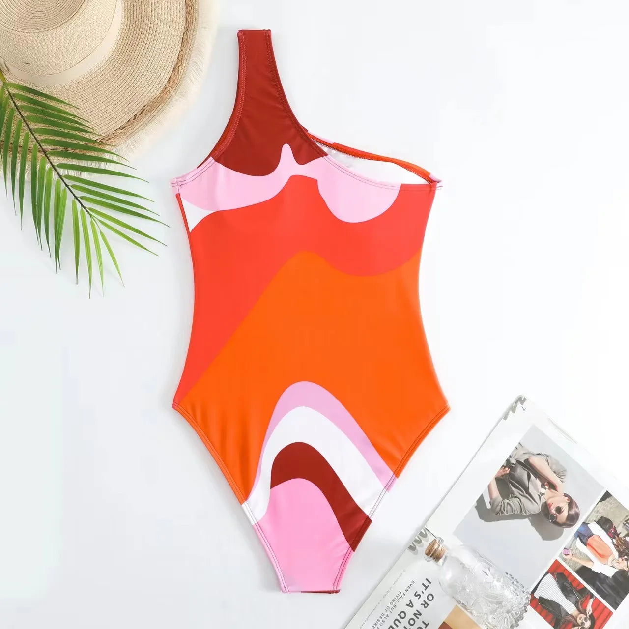 Pacific Aura — One-Shoulder Printed Swimsuit + Long Cover-Up