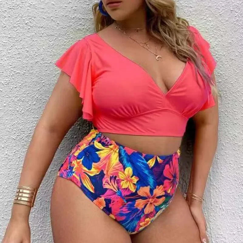 Charming Floral Plus Size Bikini Set with Ruched Sleeves