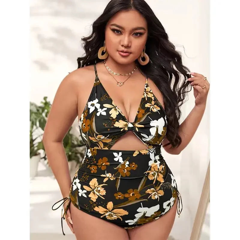 Printed Plus Size One-Piece – Adjustable V-Back