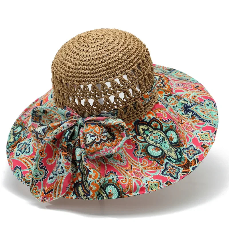 Women's Crochet Straw Sun Hat — Paisley Fabric Brim & Bow