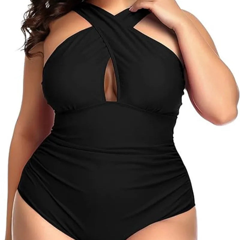 Plus Size Cross-Front One-Piece Swimsuit – Chic Black Elegance