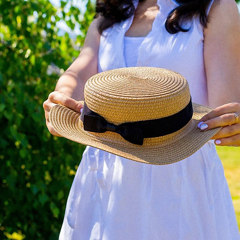 Breathable Boater Sun Hat with Ribbon