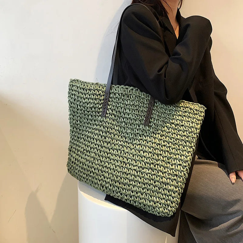 Woven Straw Boho Tote with Zip