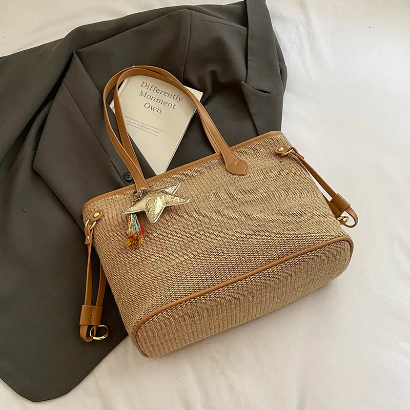 Striped Straw-Effect Tote with Zip
