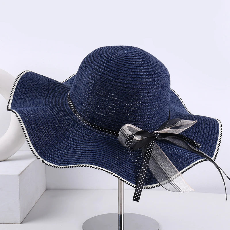 Women's Wide-Brim Sun Hat — Wavy Edge & Sheer Bow