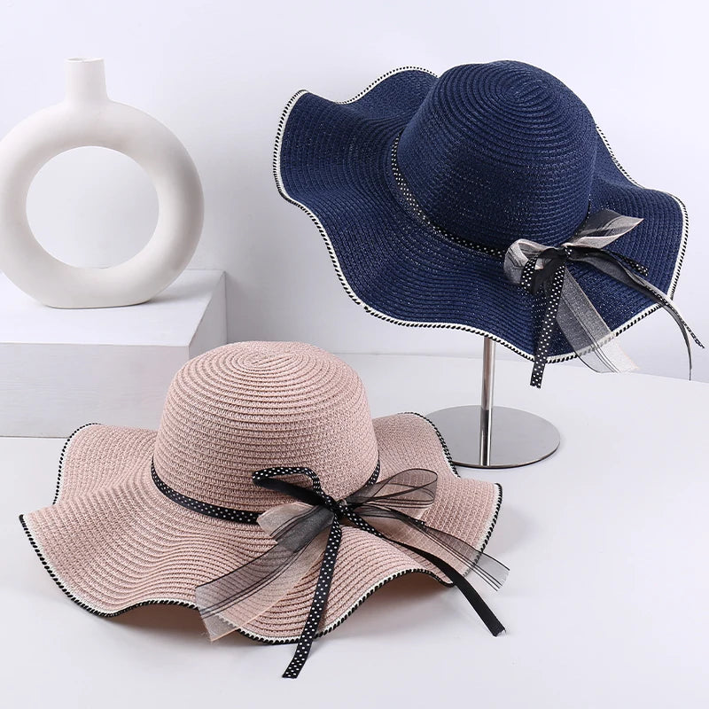 Women's Wide-Brim Sun Hat — Wavy Edge & Sheer Bow