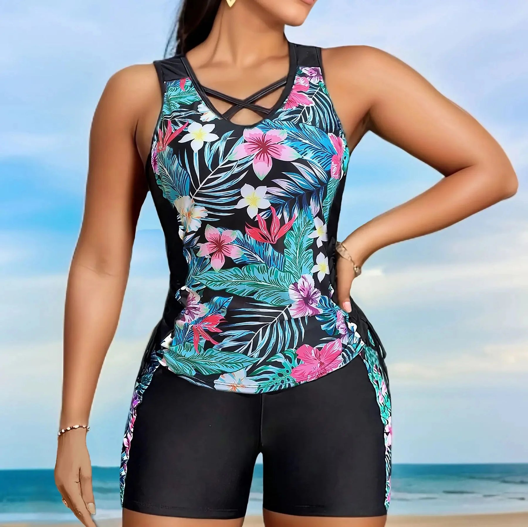 Floral Cross-Front Tankini