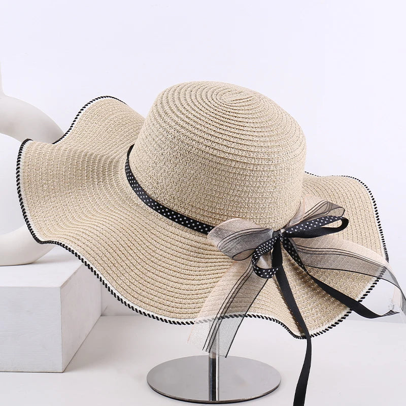 Women's Wide-Brim Sun Hat — Wavy Edge & Sheer Bow