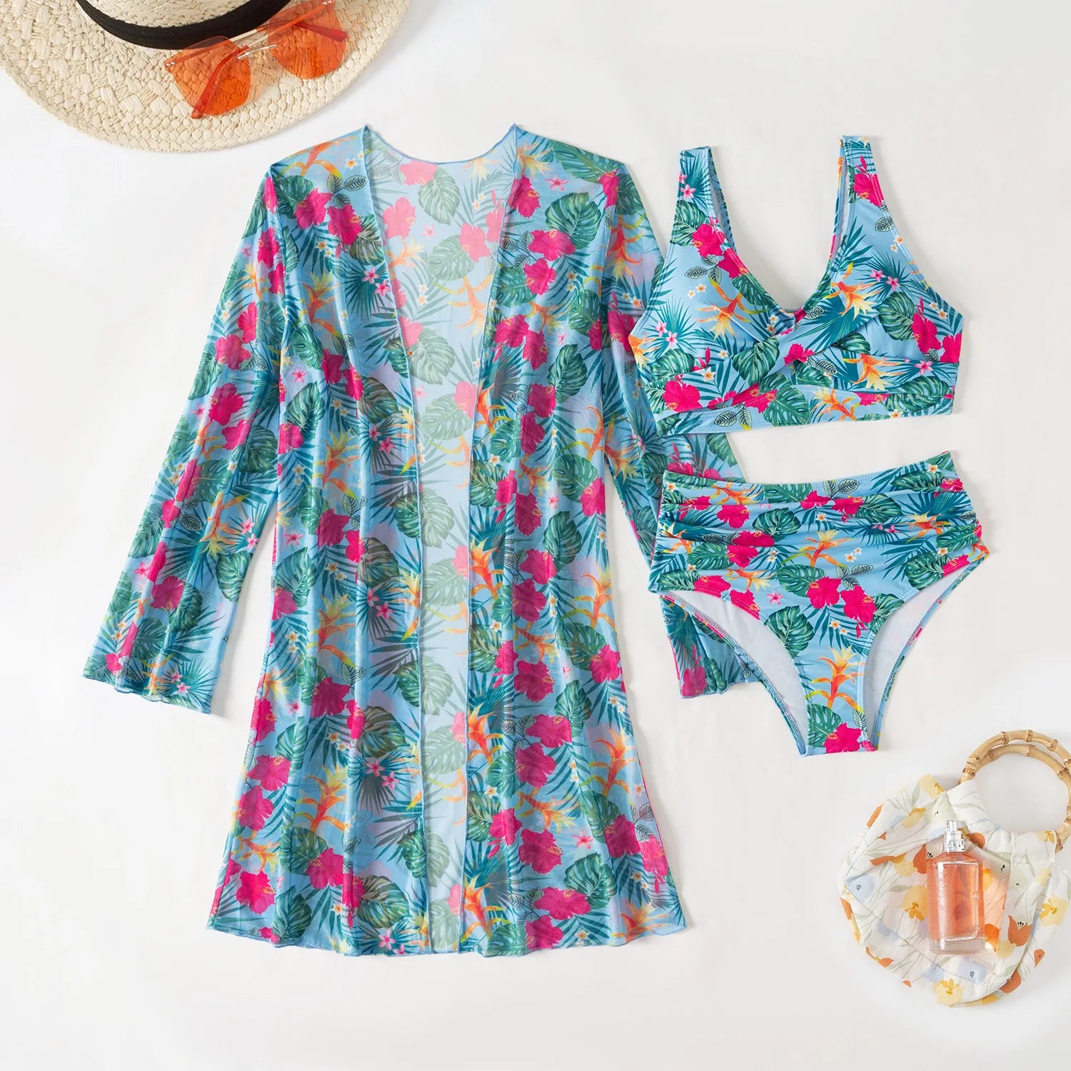 Coastal Set β 3-Piece Floral Bikini with High-Waist Shorts & Cover-Up