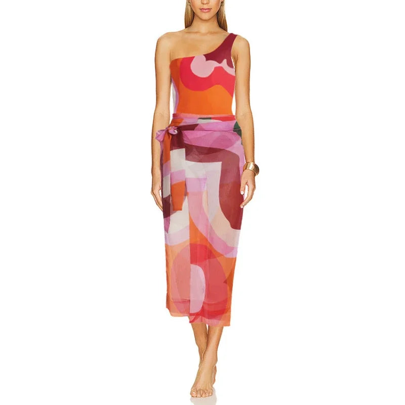 Pacific Aura — One-Shoulder Printed Swimsuit + Long Cover-Up