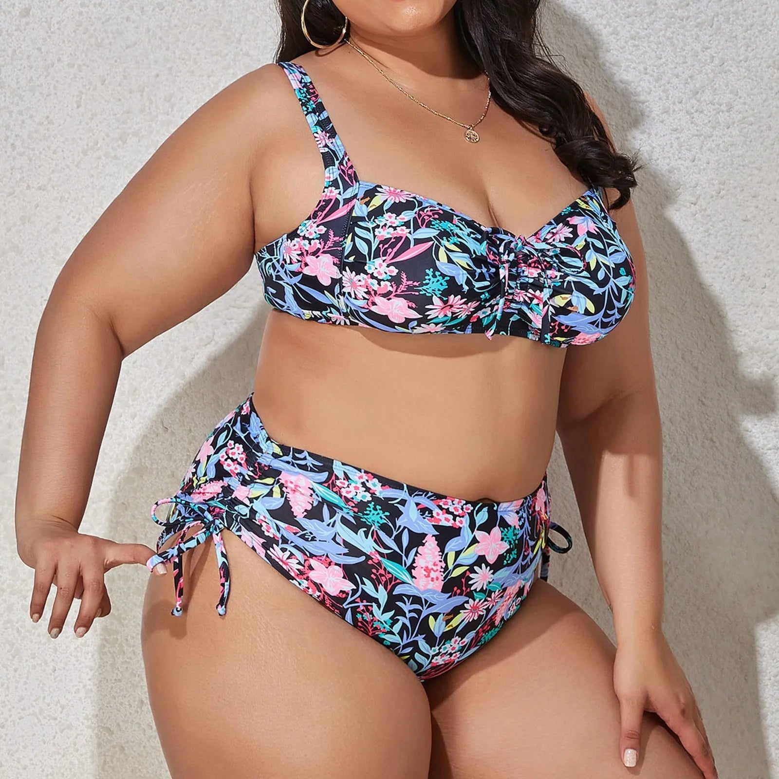 Plus Size Solid One-Piece – Classic V-Neck Ruffle Trim