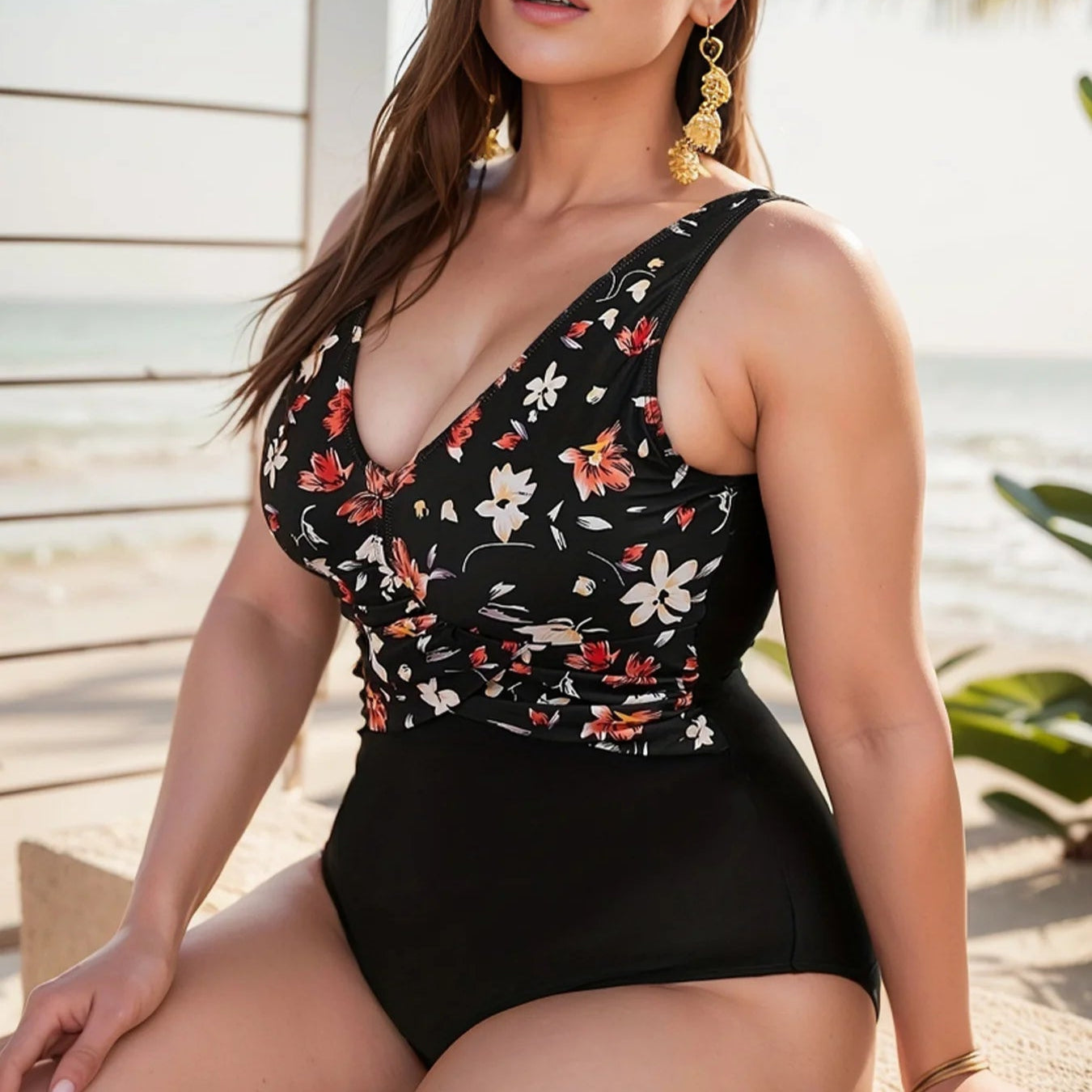Floral Contrast Plus Size One-Piece – V-Neck & Draped Waist