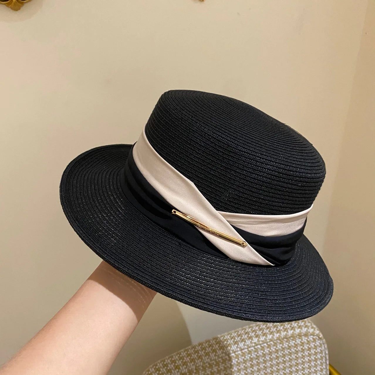 Women's Boater Straw Hat — Layered Ribbon Band & Gold Bar