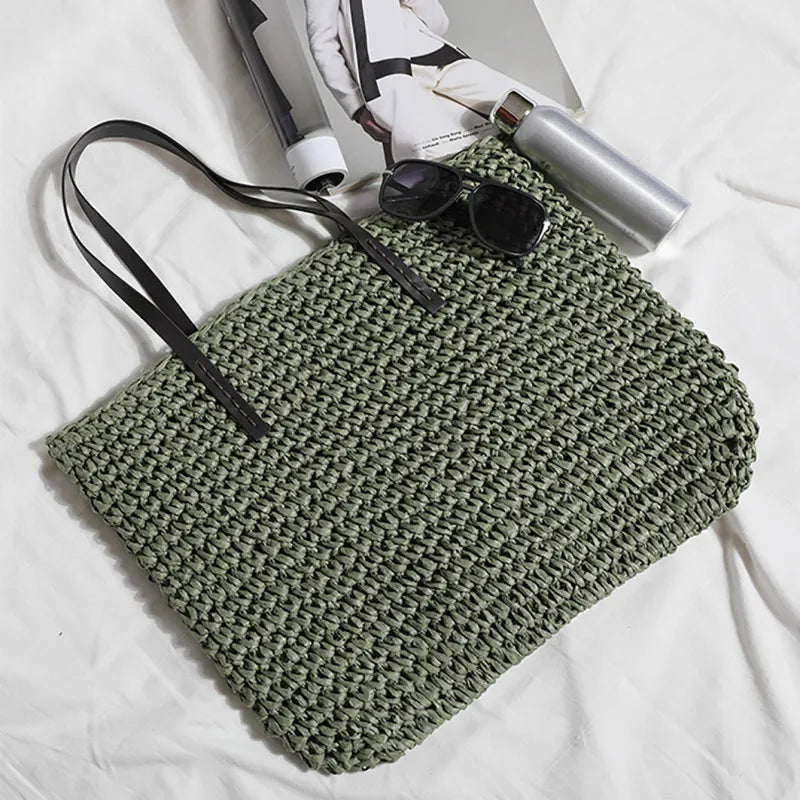 Woven Straw Boho Tote with Zip