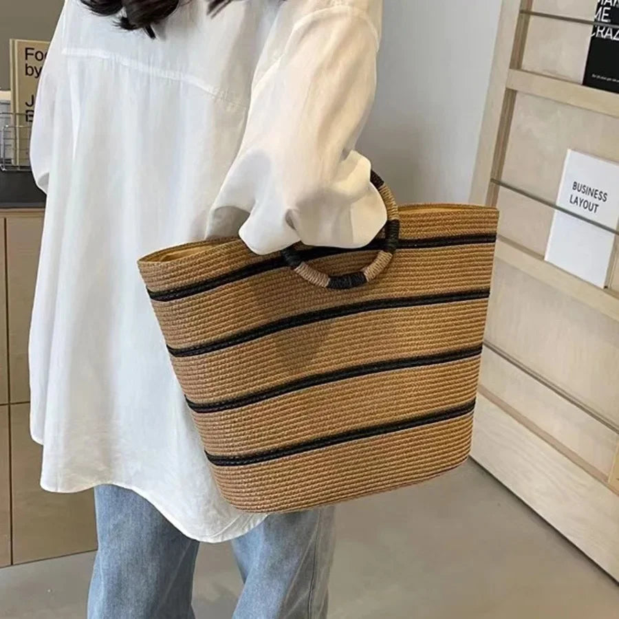 Striped Woven Straw Bucket Tote