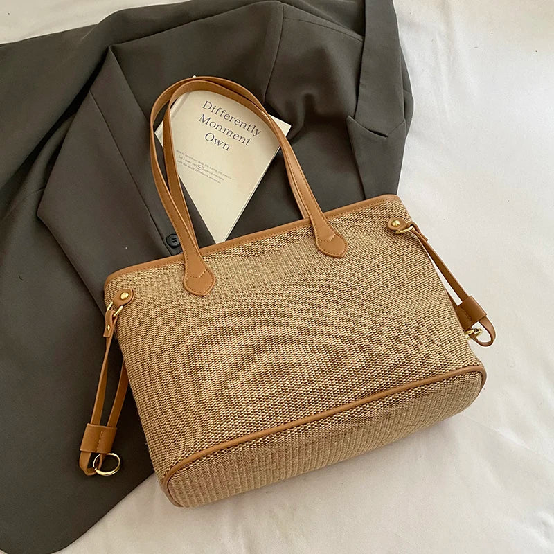 Striped Straw-Effect Tote with Zip