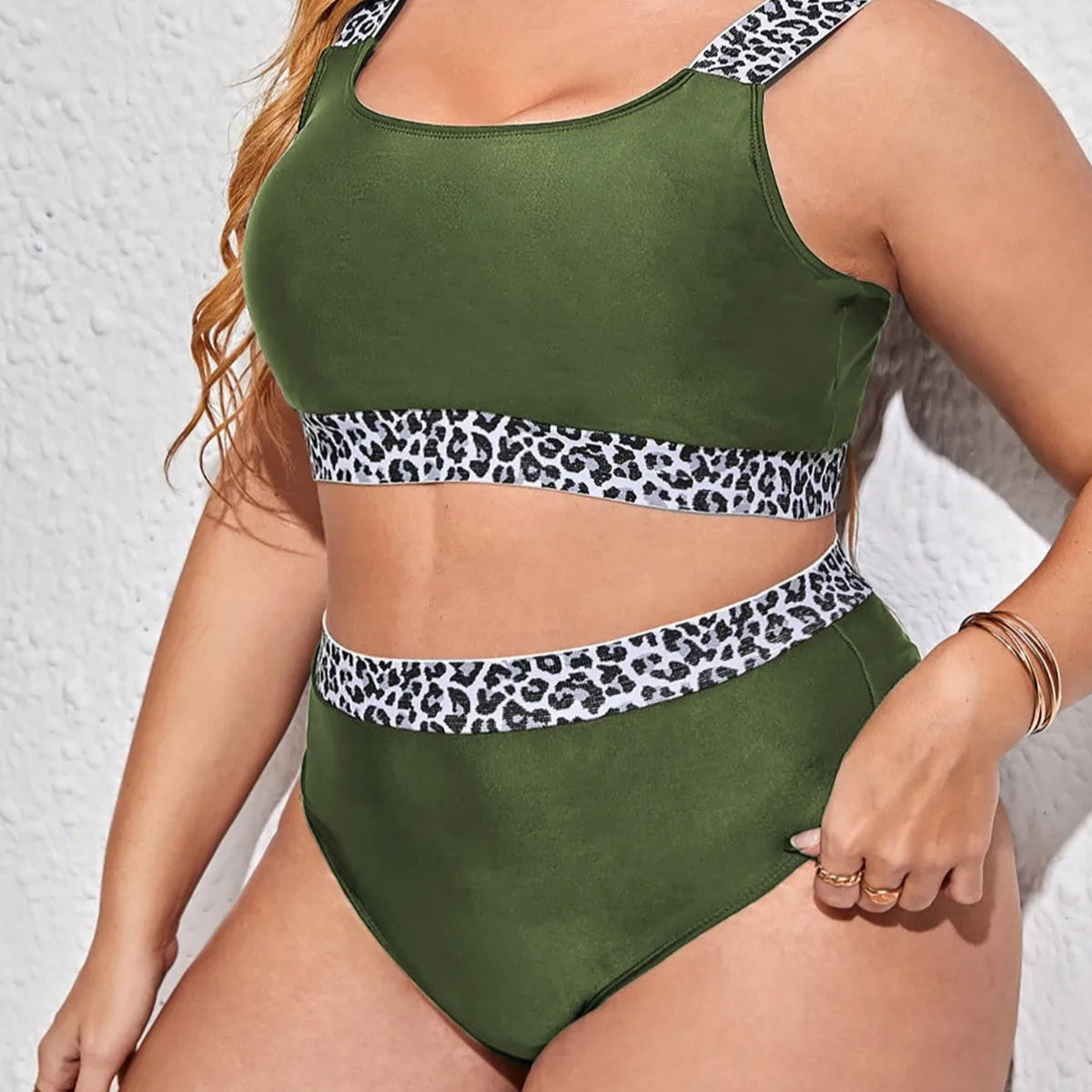 Leopard Trim Plus Size Bikini – Scoop Neck & High-Waist Bottom