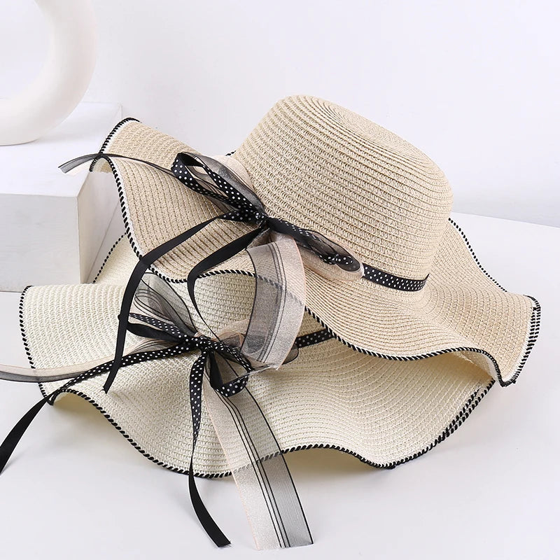 Women's Wide-Brim Sun Hat — Wavy Edge & Sheer Bow